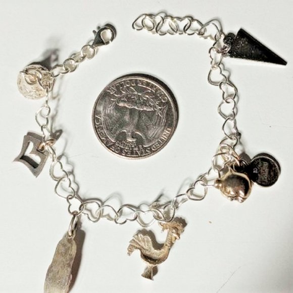 Vintage Sterling Silver ITALY Heart Links Charm Bracelet w 7 Charms